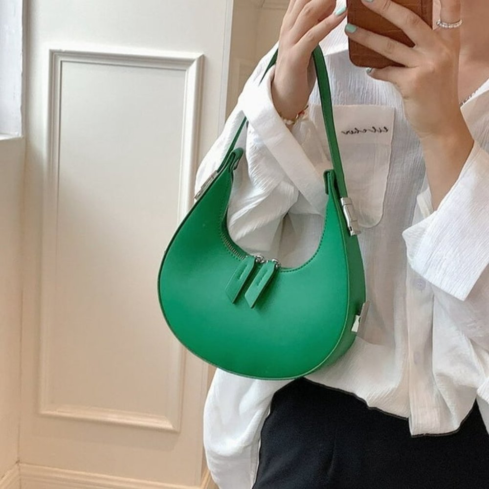 Y2K Trendy Green Crescent Half Moon Leather Shoulder Bag